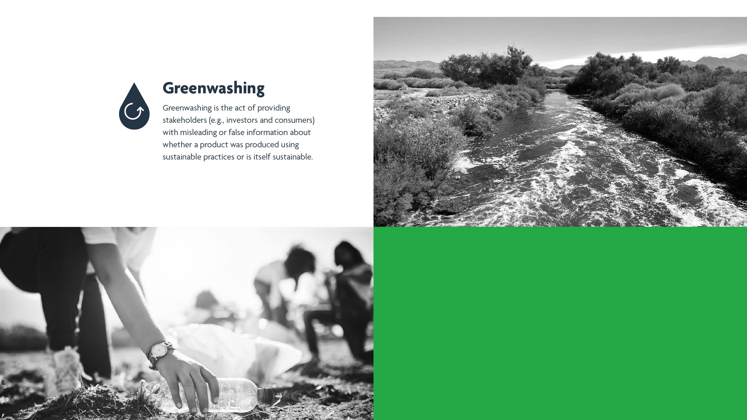 Greenwashing is the act of providing stakeholders (e.g., investors and consumers) with misleading or false information about whether a product was produced using sustainable practices or is itself sustainable.