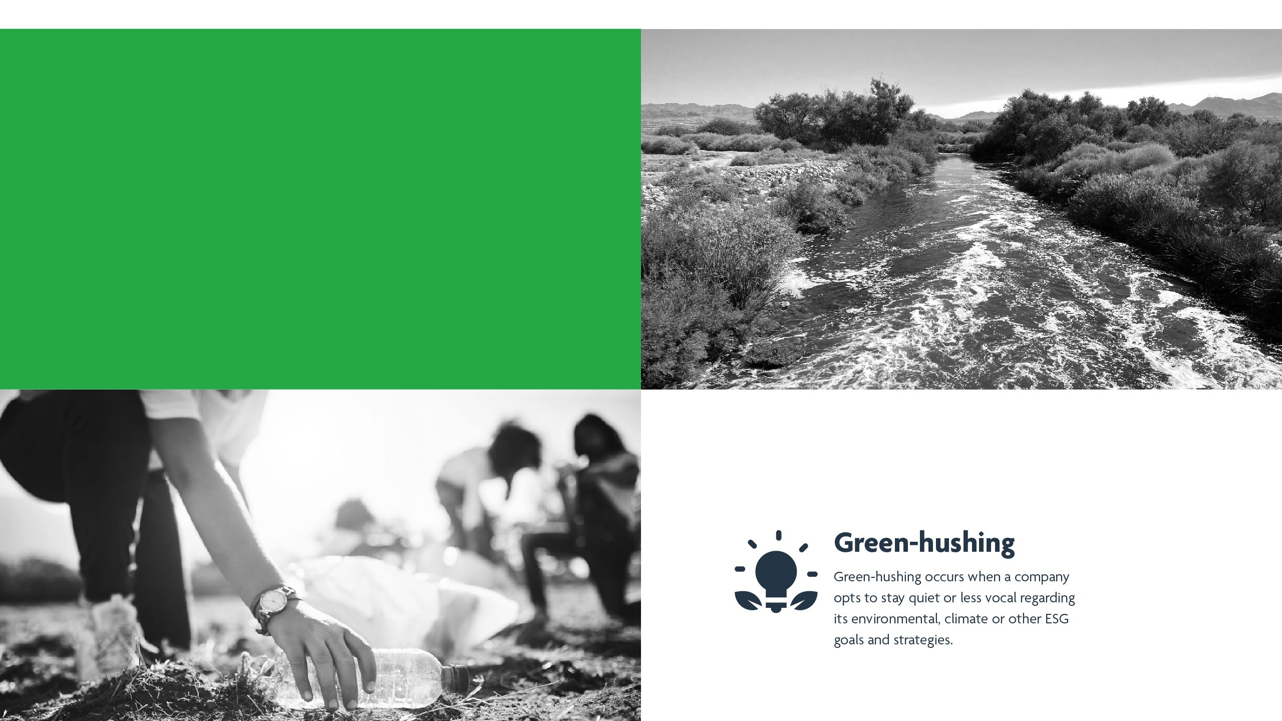 Green-hushing occurs when a company opts to stay quiet or less vocal regarding its environmental, climate or other ESG goals and strategies.